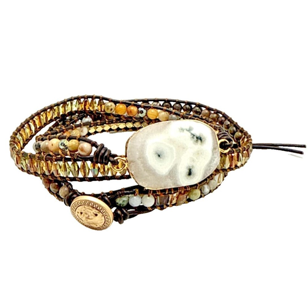 Boho SOLAR QUARTZ Wrap Bracelet Beaded Healing Stone Vegan Leather Gold Tone 34"